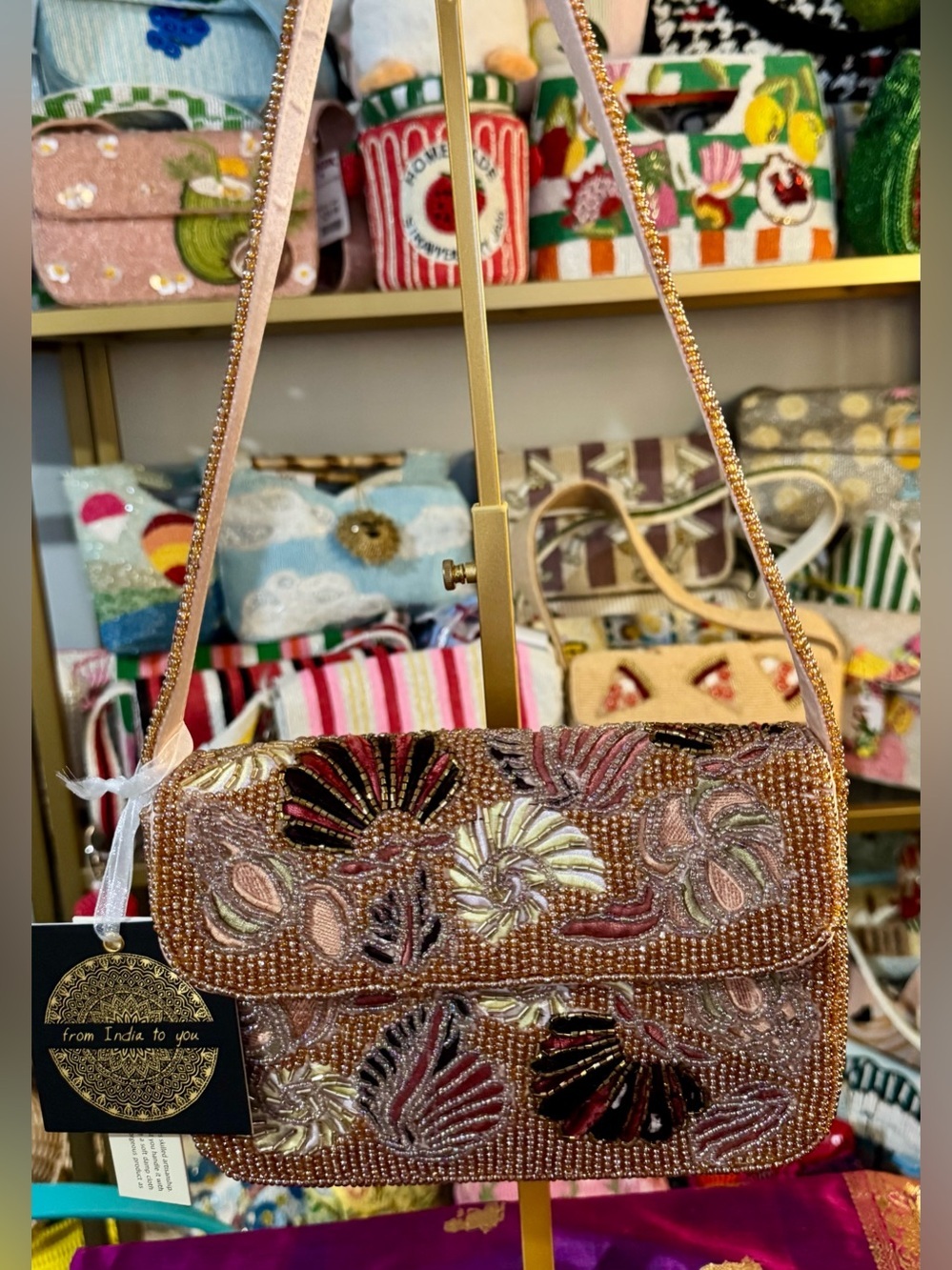 NWT Handcrafted In India Beaded Seashell Metallic Shoulder Bag Purse